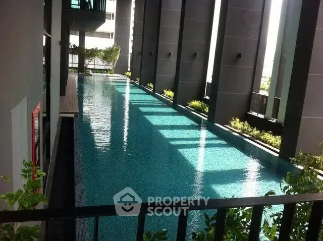 Luxurious modern apartment pool with sleek design and lush greenery