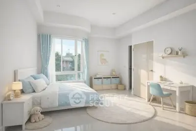 Bright and cozy bedroom with modern decor and large window view.