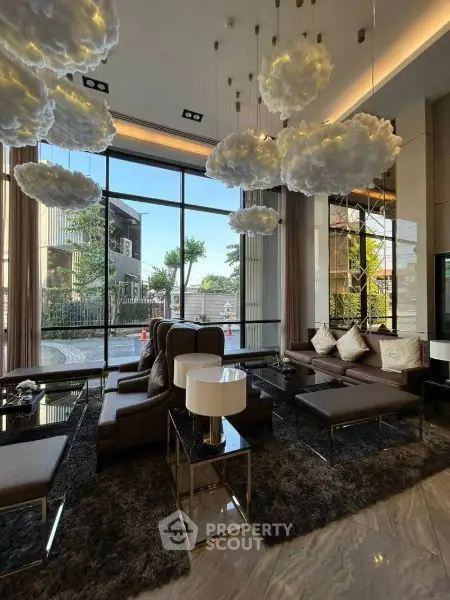 Luxurious modern living room with large windows and elegant decor
