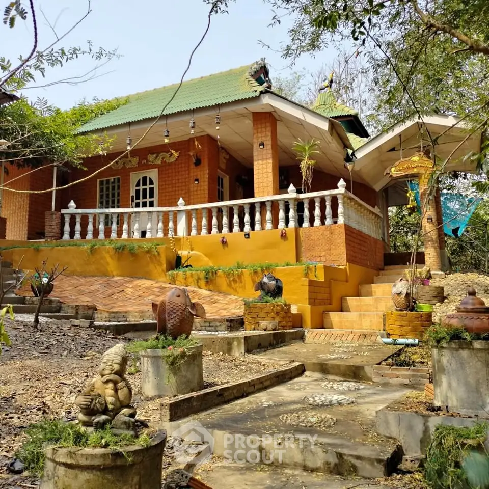 Charming rustic house with unique architecture and lush garden setting.