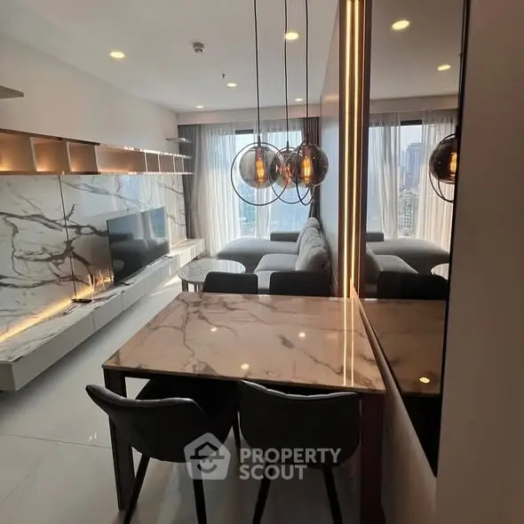 Luxurious modern living room with marble accents and city view