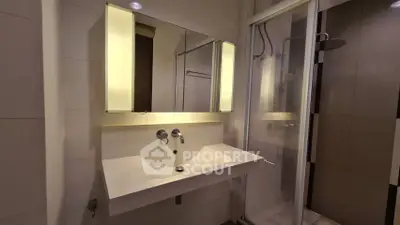 Modern bathroom with sleek sink and illuminated mirror