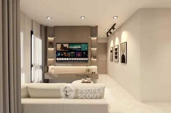 Modern living room with sleek design and ambient lighting
