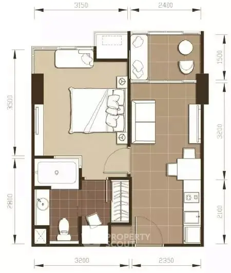 Modern apartment floor plan with bedroom, kitchen, and bathroom layout.