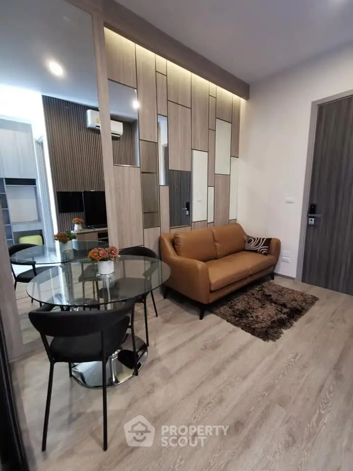 Modern living room with stylish decor and cozy seating area