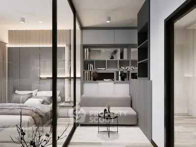Modern bedroom with glass partition and cozy seating area, featuring sleek built-in shelves and contemporary decor.