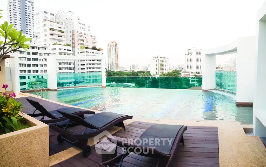 Luxurious rooftop pool with stunning city views and modern lounge chairs.