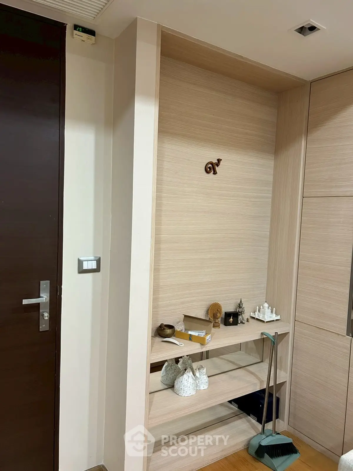 Modern interior corner with wooden shelves and decorative items