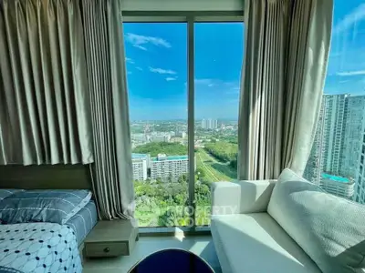 Stunning high-rise apartment with panoramic city views and cozy interior.