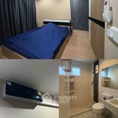 Compact bedroom and bathroom with modern amenities in urban apartment