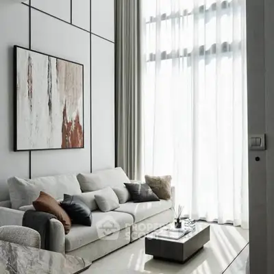 Modern living room with high ceilings and elegant decor
