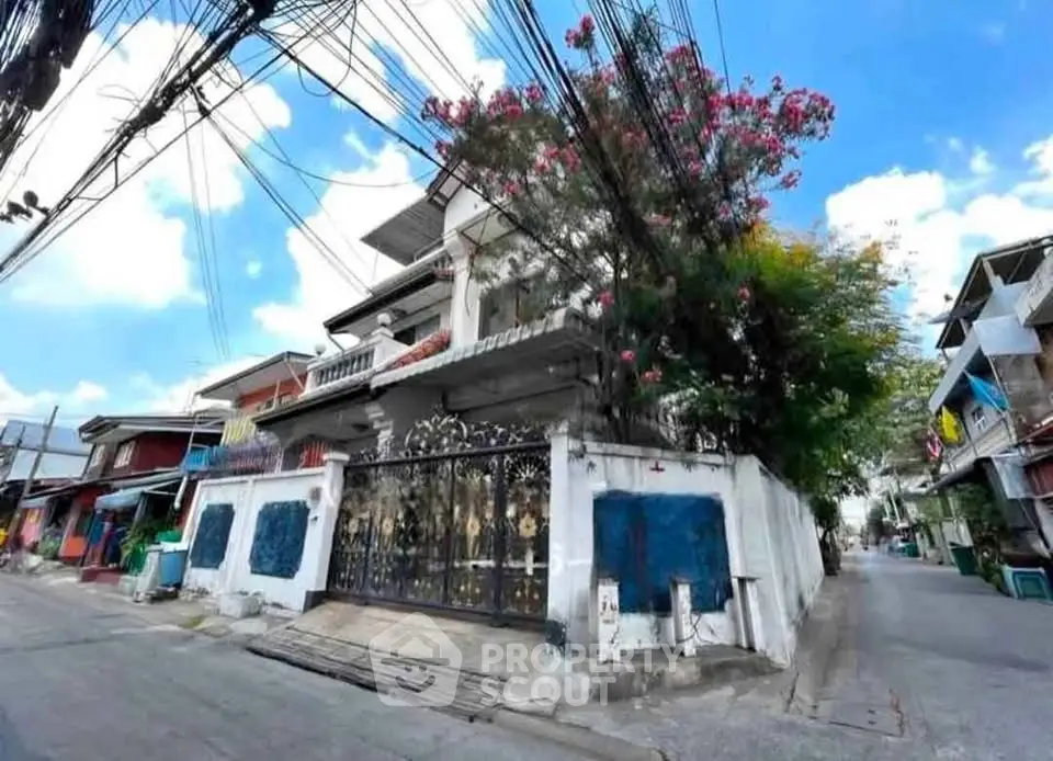Charming corner house with ornate gate and lush flowering tree in vibrant neighborhood.
