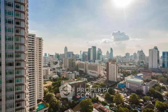 Stunning cityscape view from high-rise building with clear skies and urban skyline.