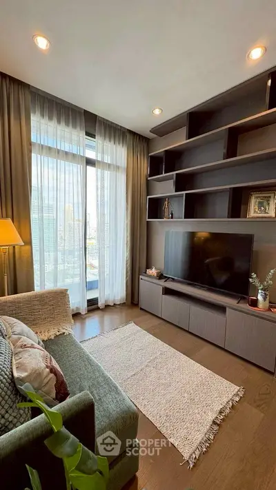 Modern living room with large window and stylish shelving unit