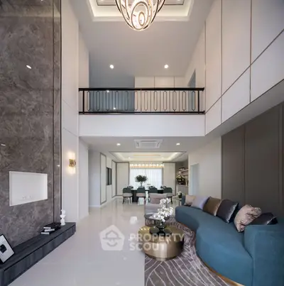 Luxurious modern living room with high ceiling and elegant decor