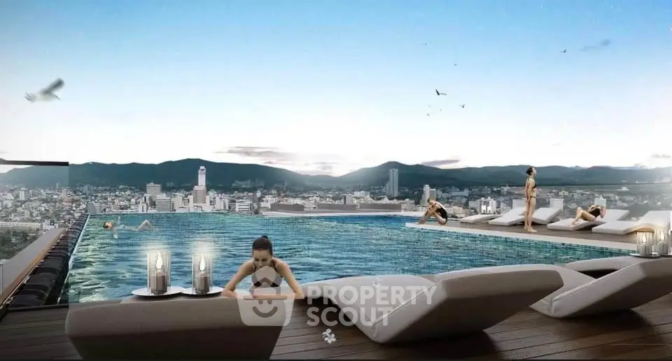 Luxurious rooftop pool with stunning city skyline view