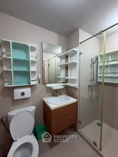 Modern bathroom with glass shower, sleek vanity, and ample shelving in a contemporary apartment.