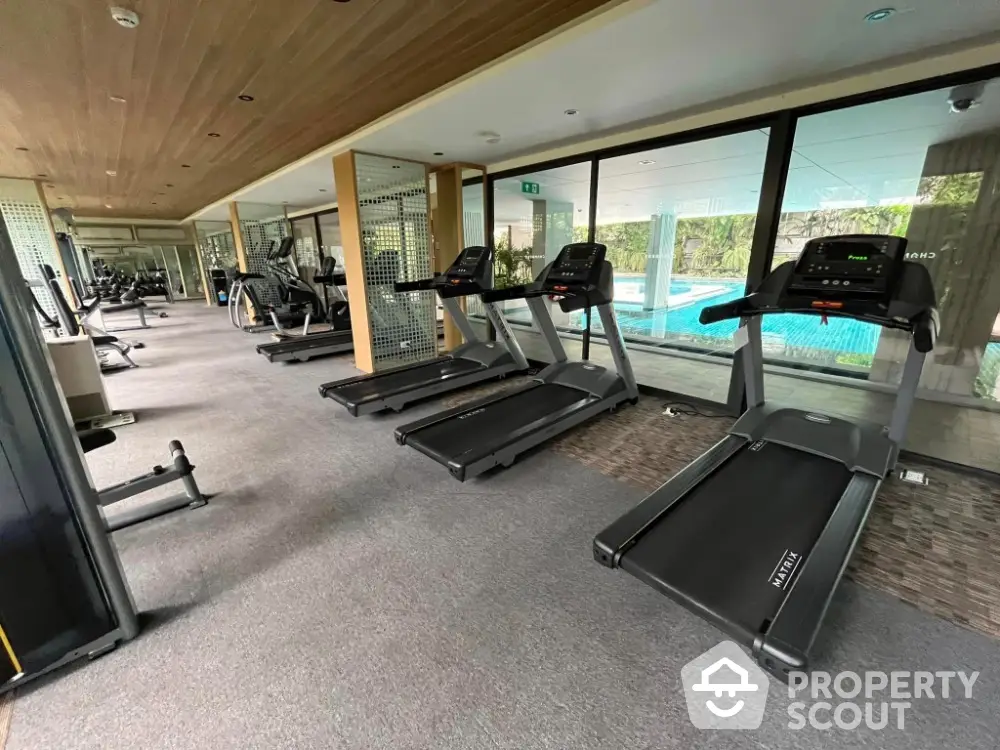 Spacious modern gym with pool view in luxury real estate property