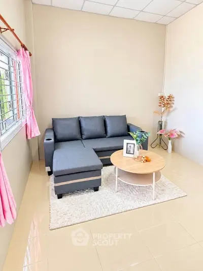 Cozy living room with gray sectional sofa and round coffee table on a plush rug.