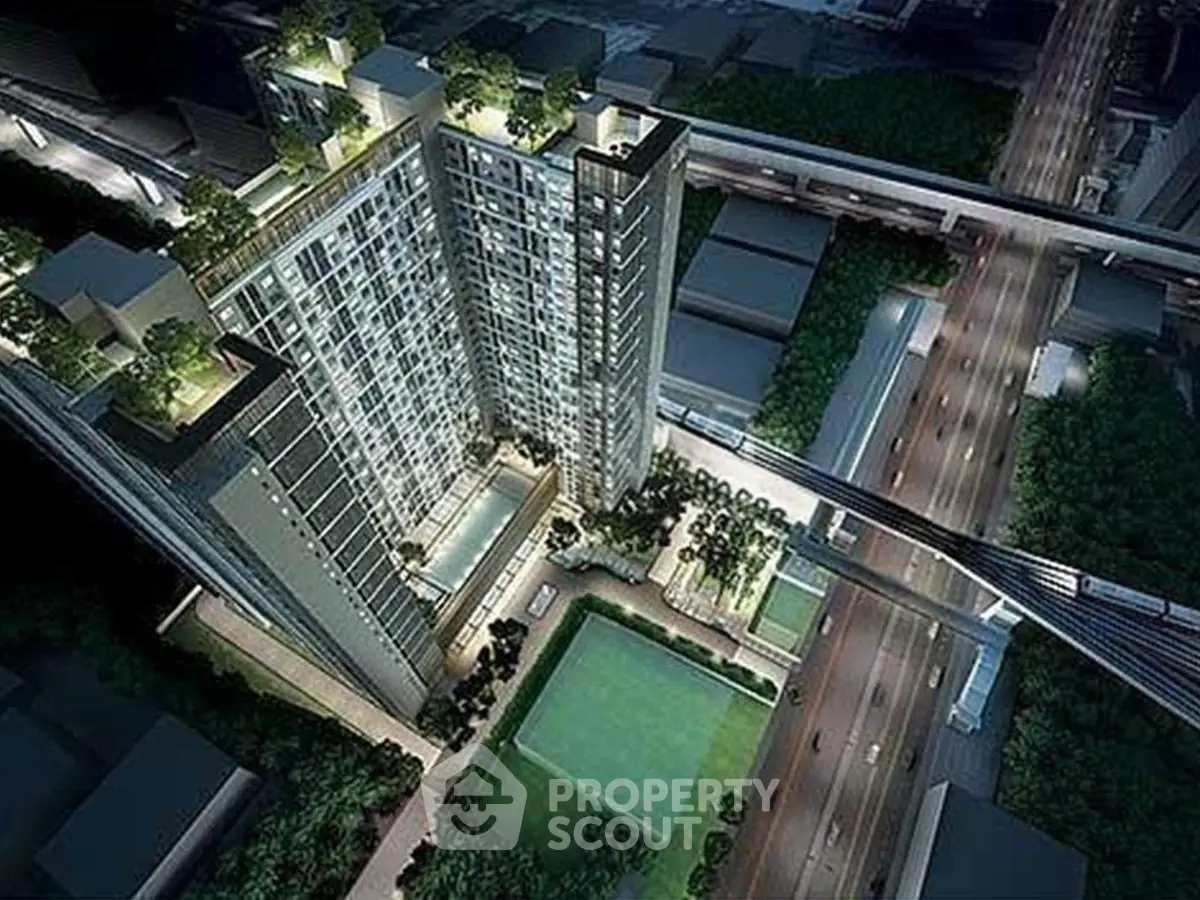 Stunning aerial view of modern high-rise building with rooftop gardens and pool, ideal urban living.