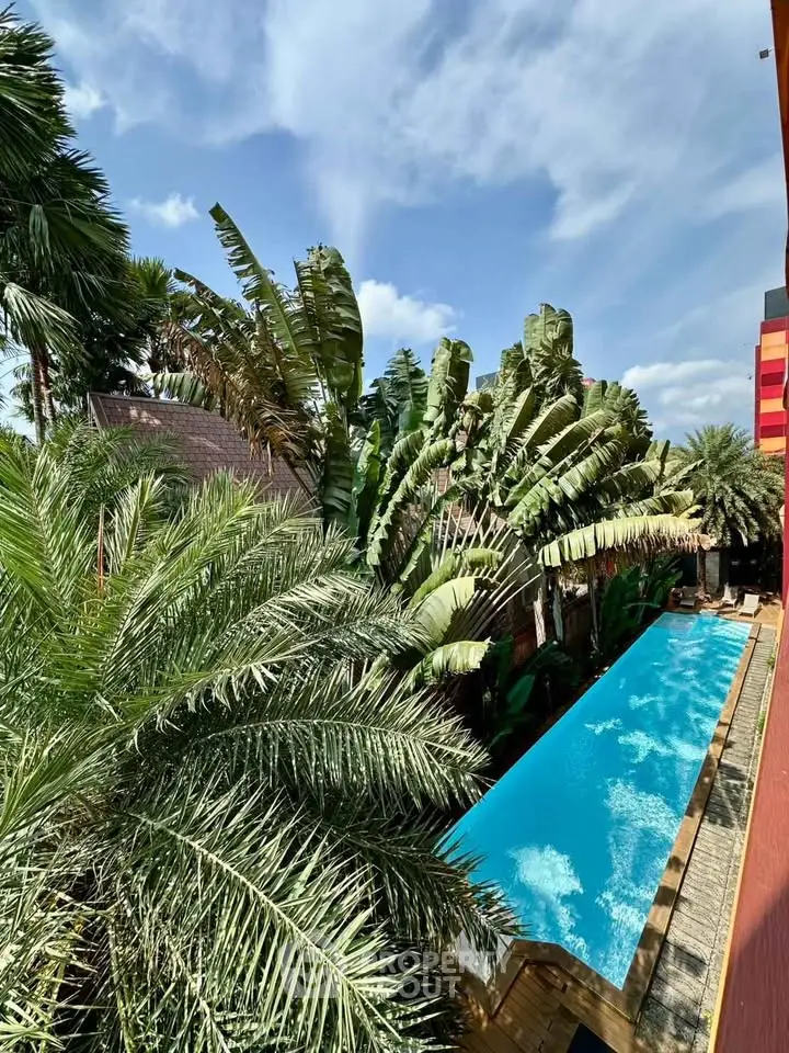 Luxurious tropical pool surrounded by lush greenery and palm trees, perfect for relaxation and leisure.