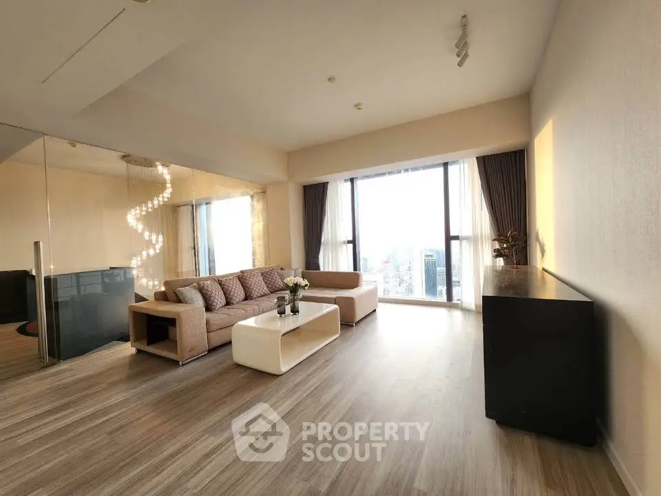 Spacious modern living room with city view and elegant decor
