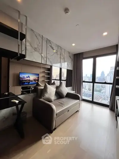Modern living room with city view, sleek decor, and comfortable seating.