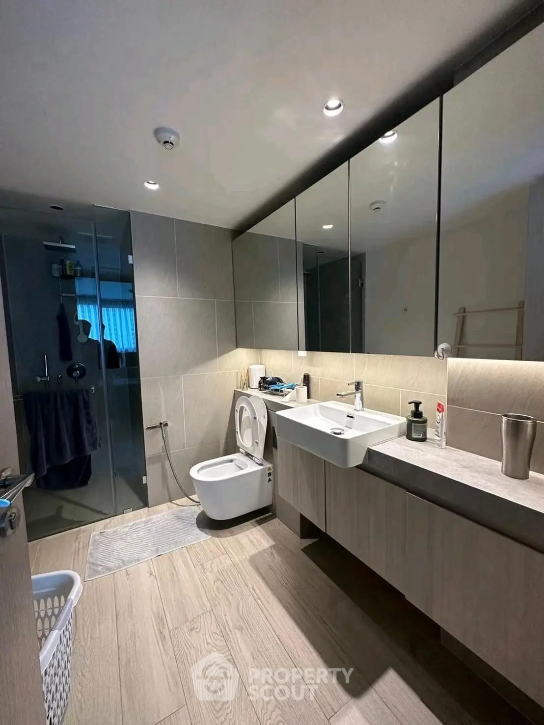 Modern bathroom with sleek design and spacious shower area