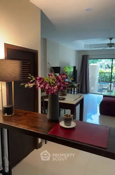 Stylish living room with modern decor and garden view