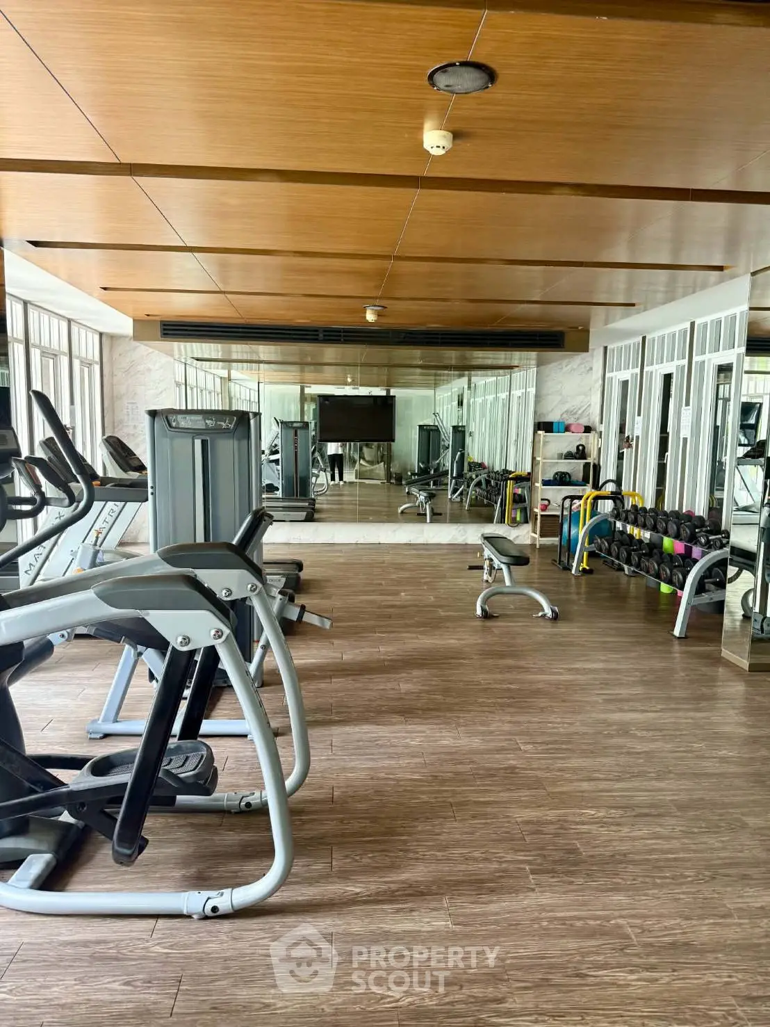 Spacious modern gym with state-of-the-art equipment and mirrored walls in a luxury residential building.