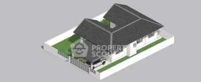 Modern architectural rendering of a single-story house with a carport and green lawn.