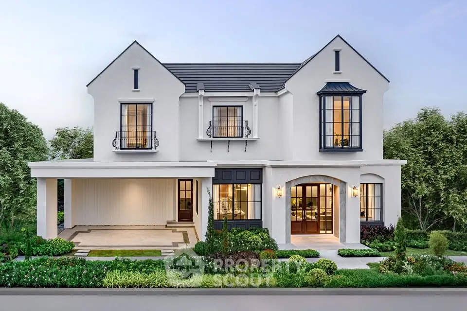 Stunning modern two-story home with elegant facade and lush landscaping