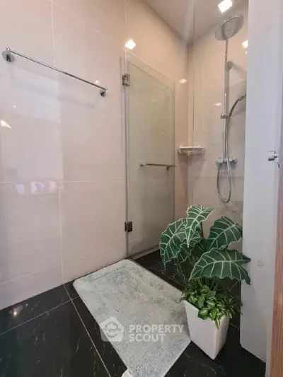 Modern bathroom with glass shower and stylish plant decor