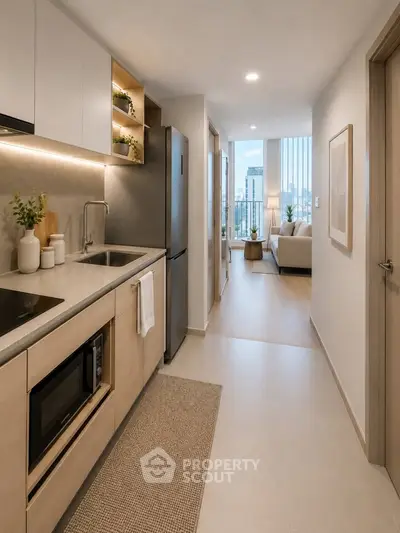 Modern kitchen with sleek appliances and open layout leading to a bright living room with city view.