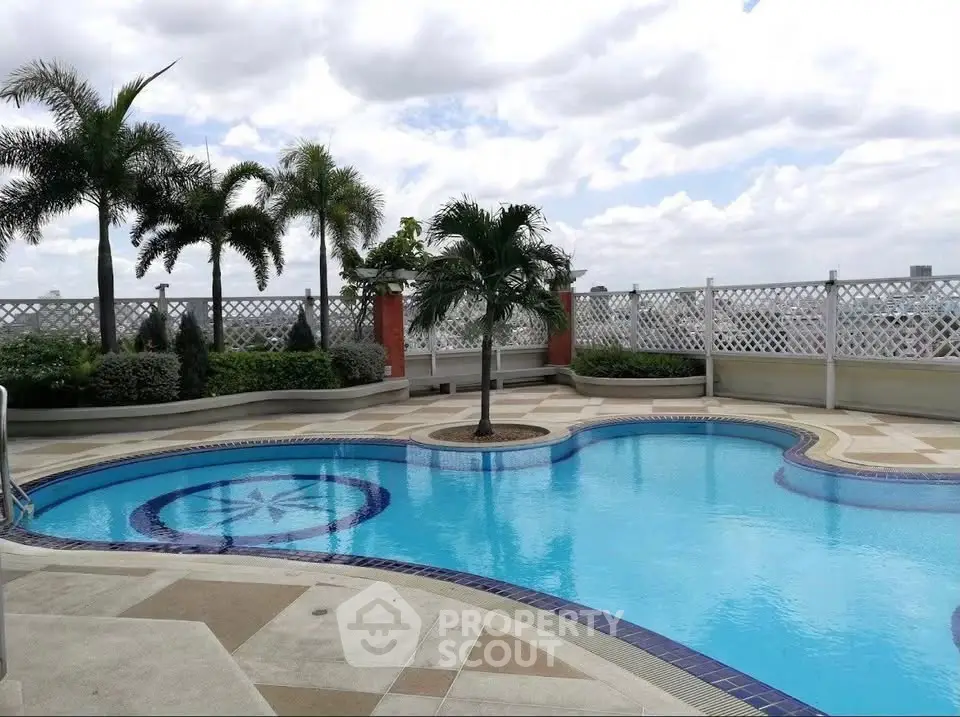 Stunning rooftop pool with city views and lush palm trees, perfect for relaxation and leisure.