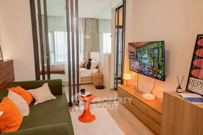 Stylish modern living room with vibrant decor and cozy ambiance