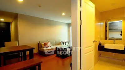 Modern apartment interior with cozy living room and stylish bathroom