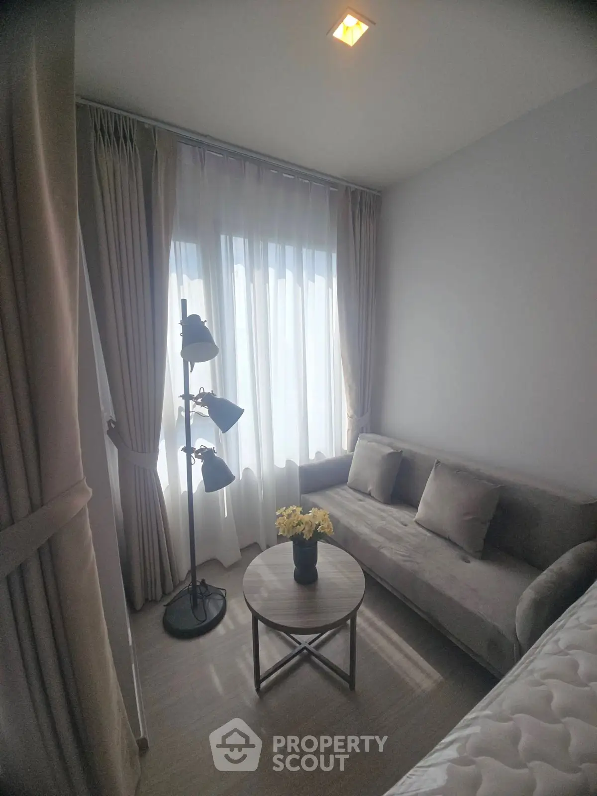 Cozy living room with elegant sofa and floor lamp, featuring large window with sheer curtains.