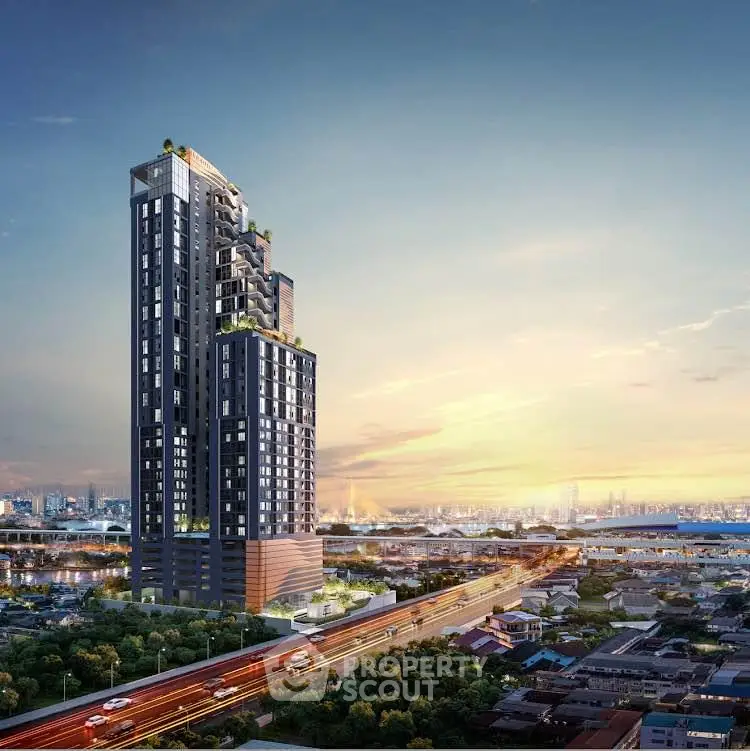 Stunning high-rise building with panoramic city views at sunset, ideal for urban living.