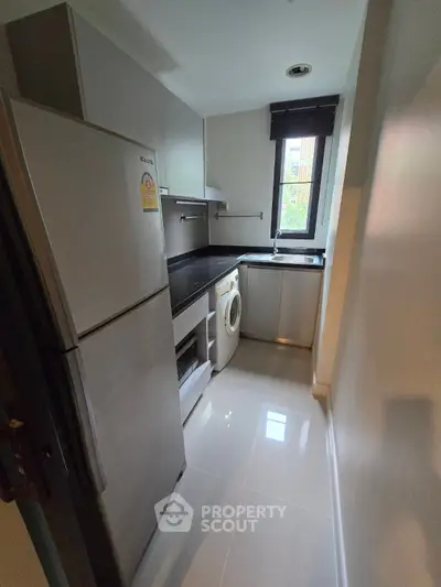 Compact modern kitchen with sleek appliances and natural light