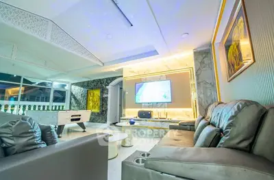 Luxurious living room with modern decor and ambient lighting