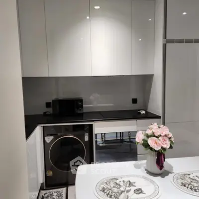 Modern kitchen with sleek cabinetry and built-in appliances, featuring a washing machine and elegant decor.