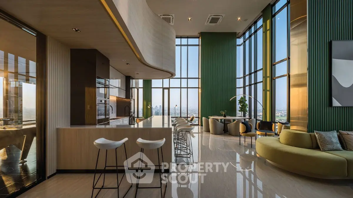 Luxurious modern living room with high ceilings and panoramic city views