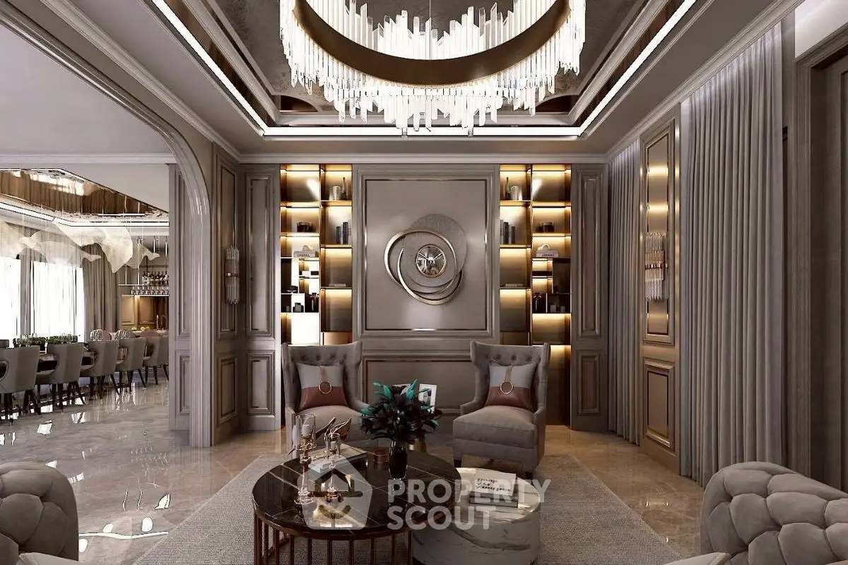 Luxurious living room with elegant chandelier and modern decor