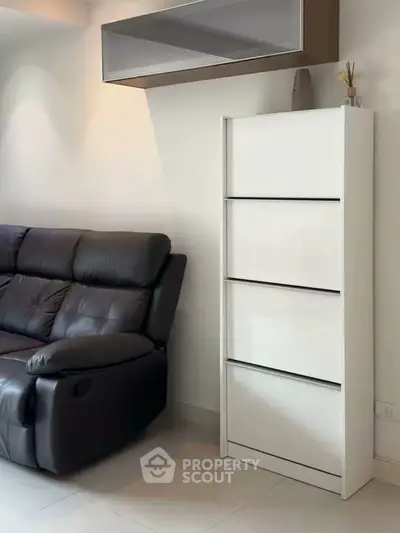 Modern living room with sleek white storage and comfortable leather sofa