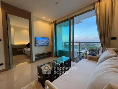 Luxurious living room with stunning city view and elegant decor