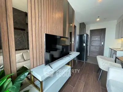 Modern living room with sleek TV setup and stylish decor