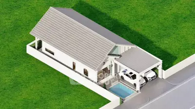Modern single-story house with sleek design, carport, and small pool in lush green surroundings.