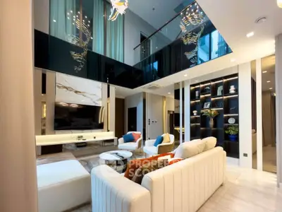 Luxurious modern living room with high ceilings and elegant decor