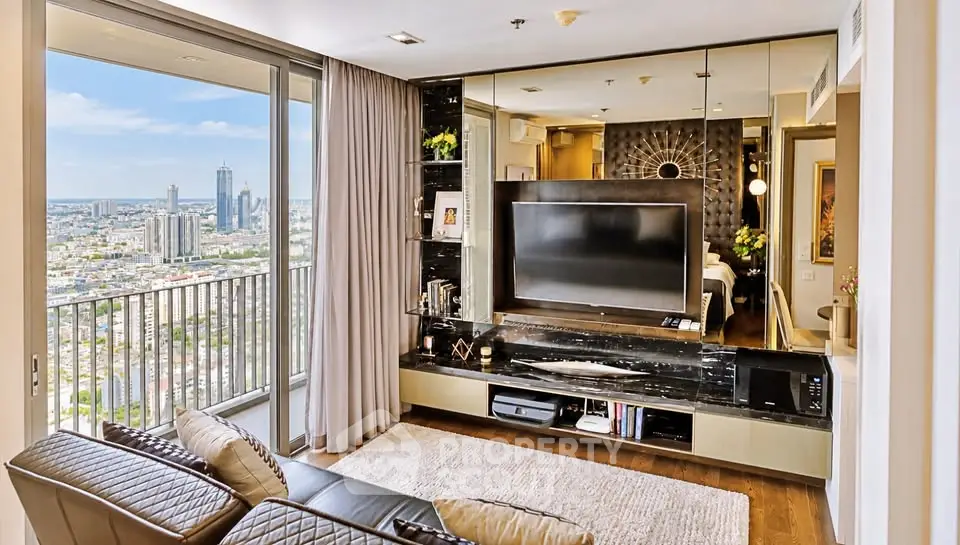 Luxurious living room with stunning city view and modern decor